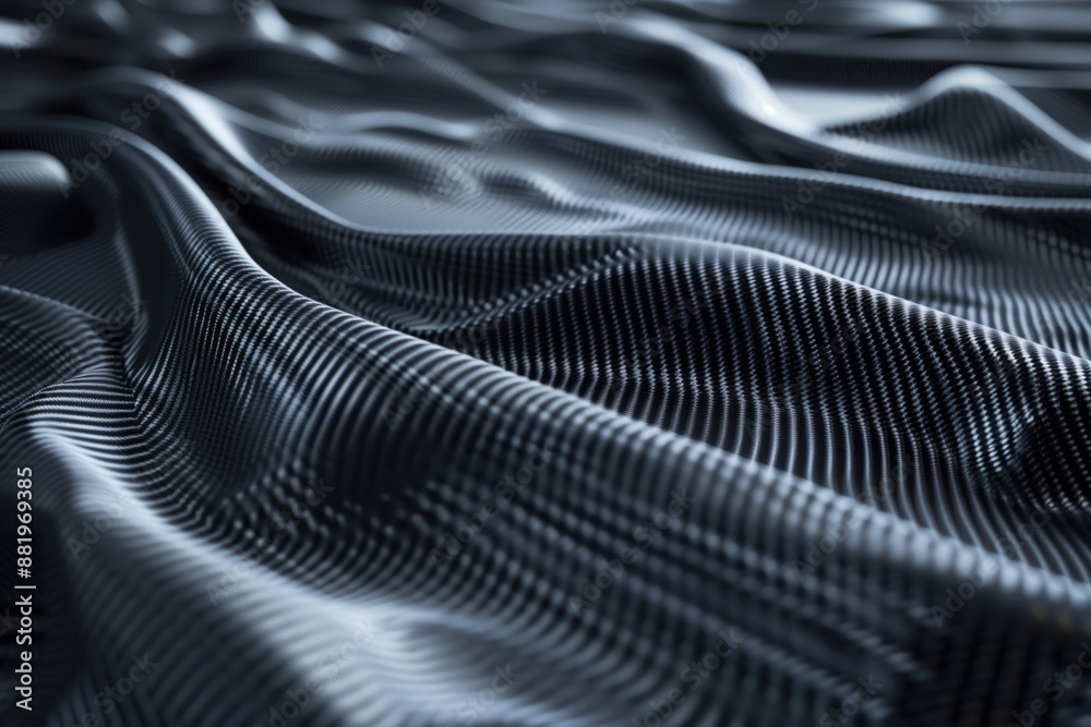 Poster Close-up view of unique Carbon fiber texture with black white gray hues. Fabric appears synthetic possibly polyester slightly wrinkled grid-like pattern creates depth. Blurred background focuses.