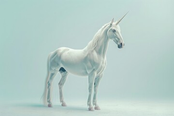 Enigmatic image of a majestic unicorn, symbolizing the king of fantasy creatures, depicted against a plain backdrop to focus on its mythical and regal elegance 