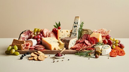 High-resolution image of a charcuterie board with assorted meats and cheeses, set against a neutral backdrop to emphasize the culinary variety and presentation 