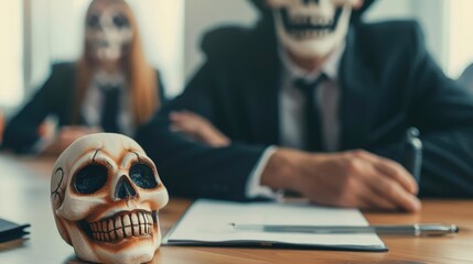 Executives in a spooky meeting, Halloween-themed conference, business horror theme