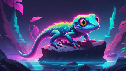 Synthwave vibrant, blue lizard with yellow eyes stands on rock, looking directly at viewer, in colorful, fantastical environment