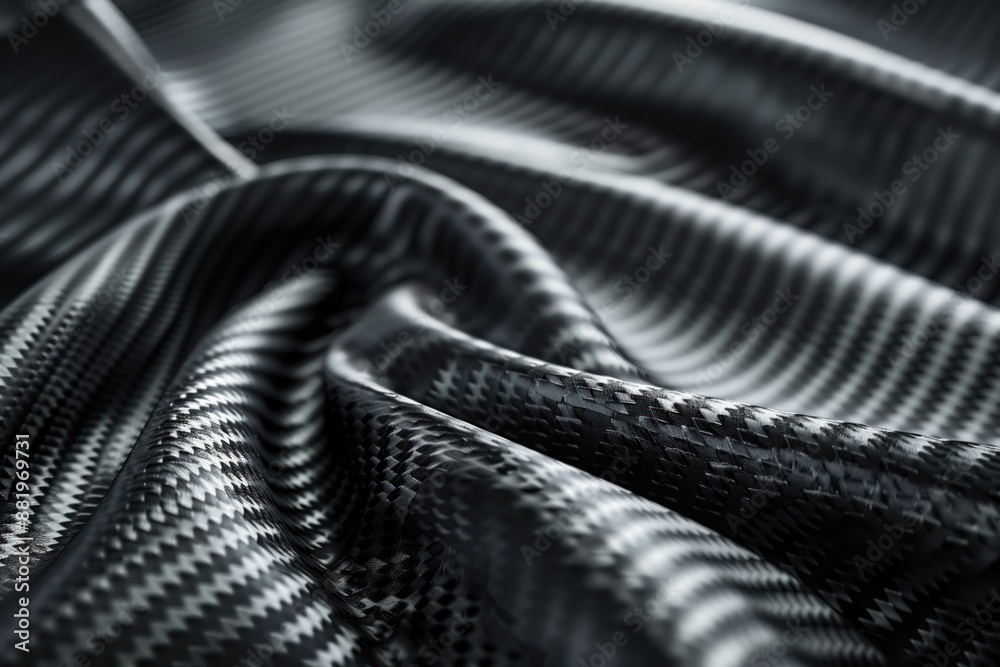 Poster Close-up view of carbon fiber fabric with intricate black and white pattern. Fabric folded in half revealing detailed design. Blurred background focuses on texture and pattern.