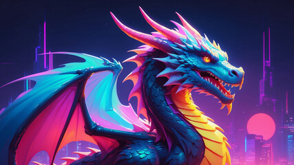 Synthwave, vibrant, blue dragon with pink and yellow accents soars over futuristic city bathed in neon light, large red sun setting in background