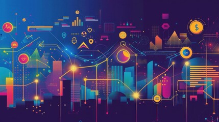 Obraz premium Abstract Cityscape with Colorful Geometric Shapes and Data Visualizations