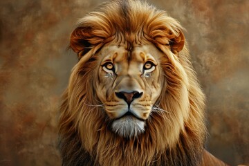 Naklejka premium Powerful lion with a golden mane, representing the king of the savannah, standing proudly against a neutral background to emphasize its strength and royal status 