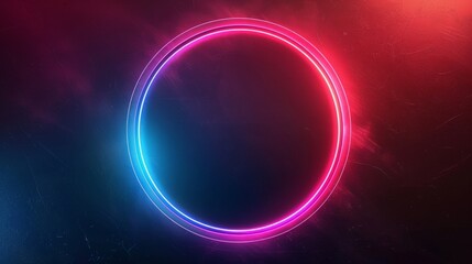 Radiant glowing circle with vibrant neon colors, set against a dark, simple background to emphasize the luminosity and intensity of the circular light, creating a futuristic and dynamic visual effect 