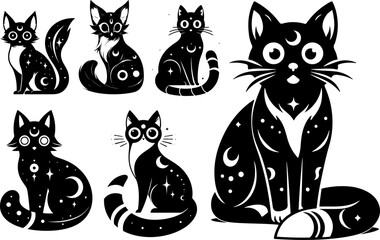 Fototapeta premium A set of kitten silhouettes. Moonlit kittens. Stylized kittens. Cute kittens 