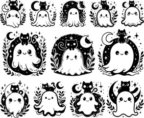 Black-and-white drawing with a cat and a ghost. Halloween. Cute ghost. Cat with a ghost.