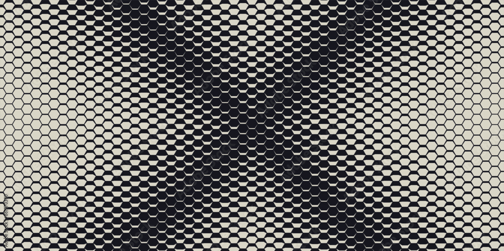 Poster Dynamic Moving X Cross Hexagons on Hexagonal Grid. Abstract Geometric Monochrome Pattern. Abstract Tech Background. Vector Illustration. Halftone Multi Scale Pattern.