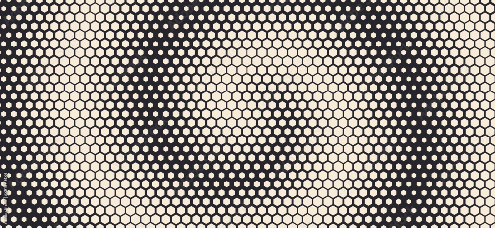 Poster Dynamic Moving Hexagons on Hexagonal Grid. Abstract Geometric Monochrome Pattern. Abstract Tech Background. Vector Illustration. Halftone Multi Scale Pattern.