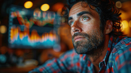 A man in a futuristic setting monitoring an advanced digital interface displaying global data and analytics, highlighting modern technology and data analysis.