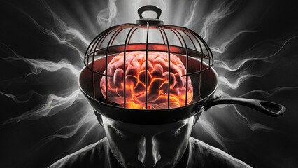 Surreal, digital illustration of a head encased in a fiery, cage-like structure
