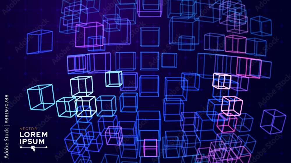 Poster Big Data 3D Cubes Quantum Computer Server Concept Background. 3D Blockchain Cube Blocks Concept. Data Core Abstract Cubes. Artificial Intelligence HUD Design Element.