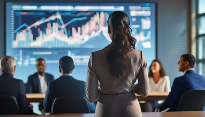 Business Woman from behind on her first day at new job in a Meeting | Blured Graphs Diagramms Figures People