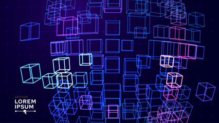 Big Data 3D Cubes Quantum Computer Server Concept Background. 3D Blockchain Cube Blocks Concept. Data Core Abstract Cubes. Artificial Intelligence HUD Design Element.