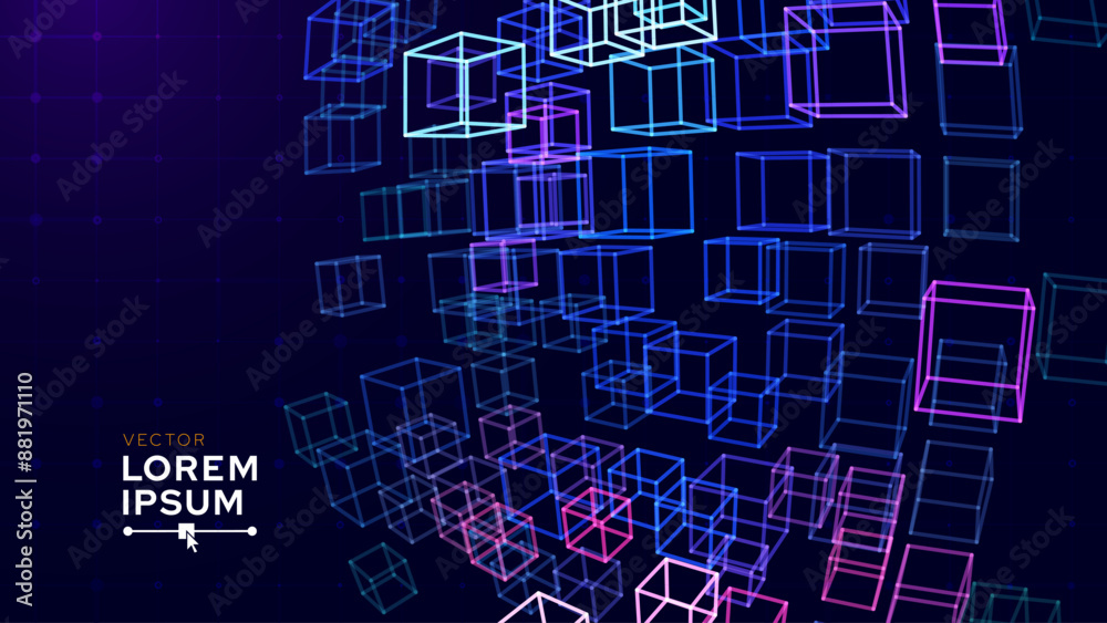 Wall mural Big Data 3D Cubes Quantum Computer Server Concept Background. 3D Blockchain Cube Blocks Concept. Data Core Abstract Cubes. Artificial Intelligence HUD Design Element.