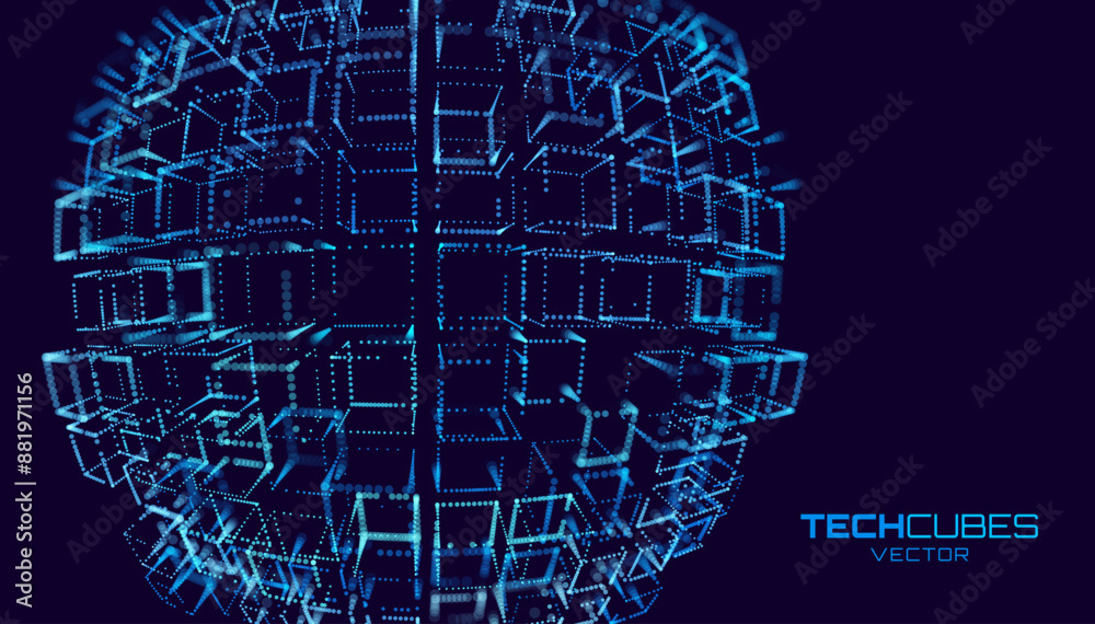 Poster Big Data 3D Cubes Quantum Computer Server Concept Background. 3D Blockchain Cube Blocks Concept. Data Core Abstract Cubes. Artificial Intelligence HUD Design Element.