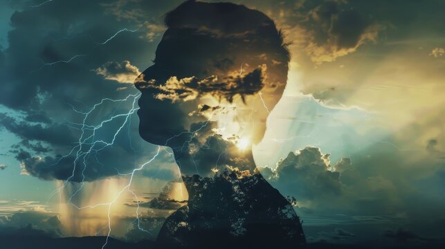 A double exposure of a silhouetted man with storm clouds, lightning, and dramatic sky, symbolizing inner turmoil and contemplation.