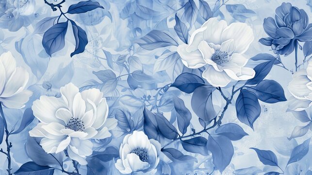 Blue and White Chinoiserie Floral Pattern: Elegant Fresco Wallpaper for Interior Design