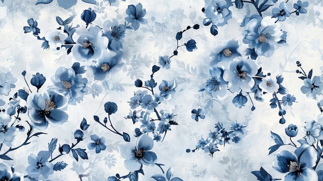 Blue and White Chinoiserie Floral Pattern: Elegant Fresco Wallpaper for Interior Design