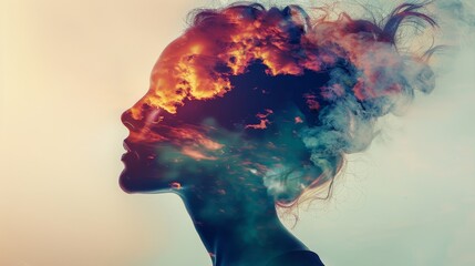 Abstract double exposure art with a silhouette of a person and a dreamy sky blending beautifully with vibrant colors and surreal elements.