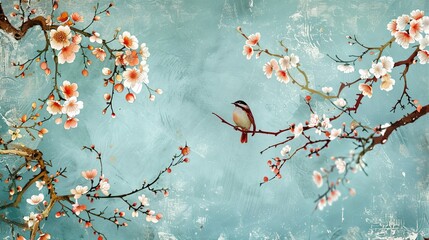 Traditional Chinese Art: Plum Blossoms and Birds Painting on Blue Background, Oriental Floral and Avian Watercolor Illustration