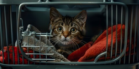 Cat sits comfortably in carrier peeking out to survey surroundings occasionally. Concept Observant Cat, Curious Companion, Comfortable Carrier, Feline Explorer