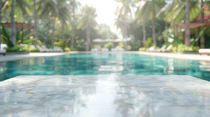 Empty white stone marble table and blurred swimming pool in the tropical resort in the summer banner background