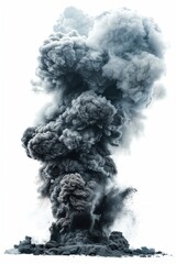 Volcanic ash clouding the sky after an eruption, dark and dense, white background