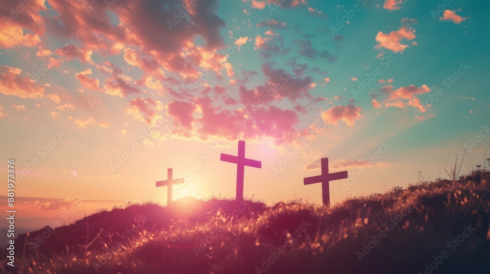 Wall mural Silhouette of three crosses with background of sunset