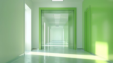 Fototapeta premium Empty white room seen through green doorway in modern hospital. 