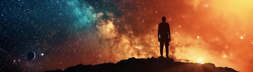 Silhouette of a person standing on a hill, gazing at a stunning starry sky blending into vibrant sunset colors.