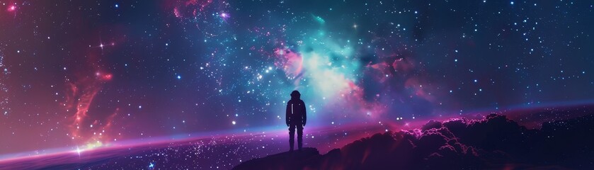 Naklejka premium Silhouette of a person standing on a cliff, gazing at a stunning, colorful night sky filled with stars and galaxies, evoking wonder and solitude.