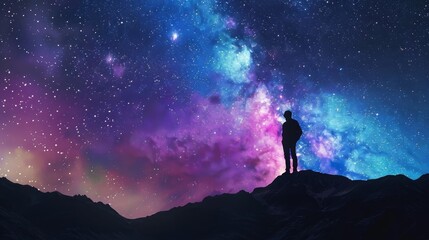 Fototapeta premium Silhouette of a person standing on a mountain top, gazing at a mesmerizing star-filled night sky. Perfect for themes about wonder and exploration.