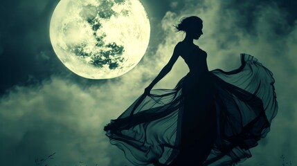 Obraz premium Silhouette of a woman dancing gracefully under a full moon, with flowing dress illuminated by mystical moonlight in a night sky.