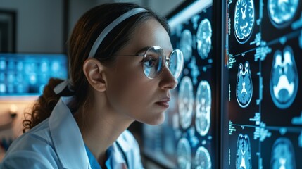 Concentrated female doctor examining brain scan displayed on lightbox or digital screen which indicates the medical diagnosis process