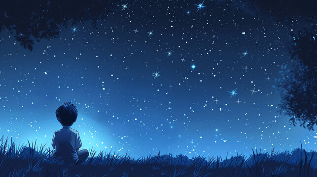 Illustration of a boy looking at the night starry sky, filled with wonder and curiosity.