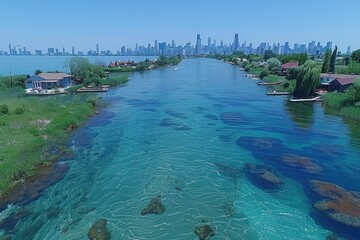 Obraz premium Stunning cityscape with crystal clear river flowing through the heart of a vibrant downtown