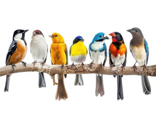 Obraz premium Group of various bird species, pure white background, realistic, high resolution, studio lighting, vibrant colors, sharp detail