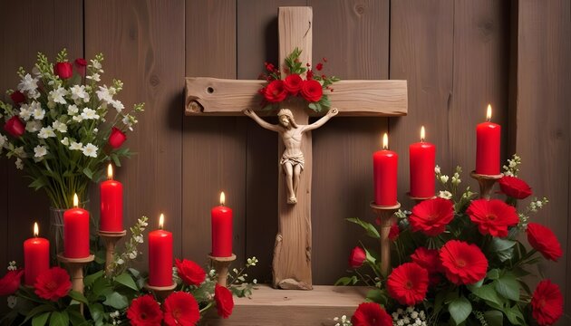 Wooden cross with red candles and flowers for religion on churge