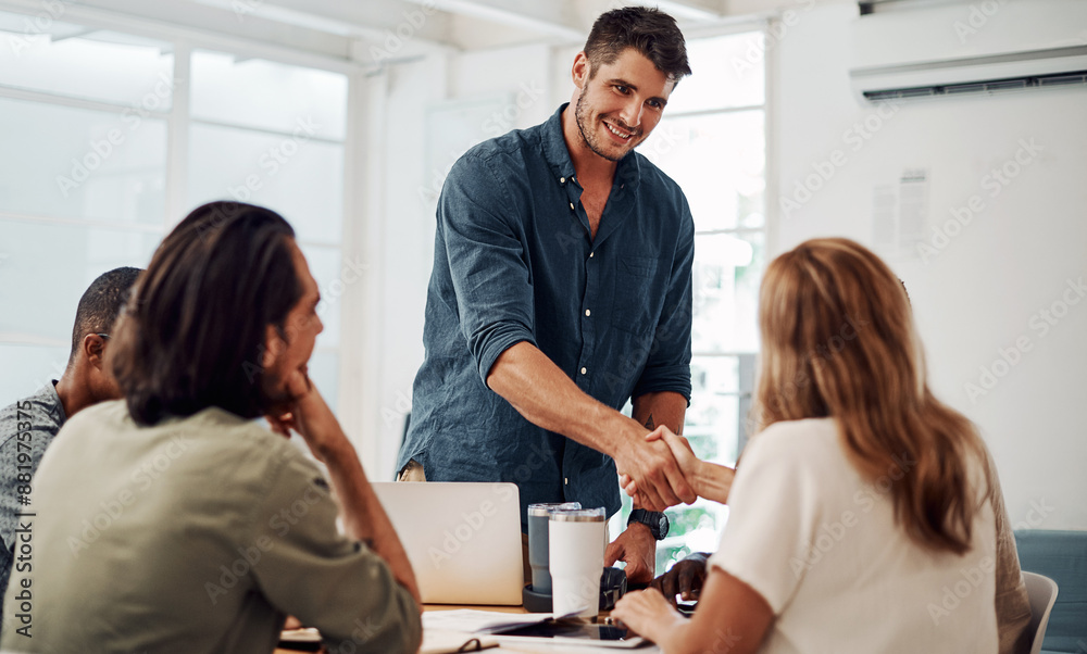Poster Business people, handshake and meeting at startup tech company with success, team work and praise. Manager shaking hands with programmer or web developer for internship achievement or congratulations