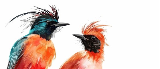 Obraz premium Birds with unique feather patterns, pure white background, digital painting, high detail, realistic colors