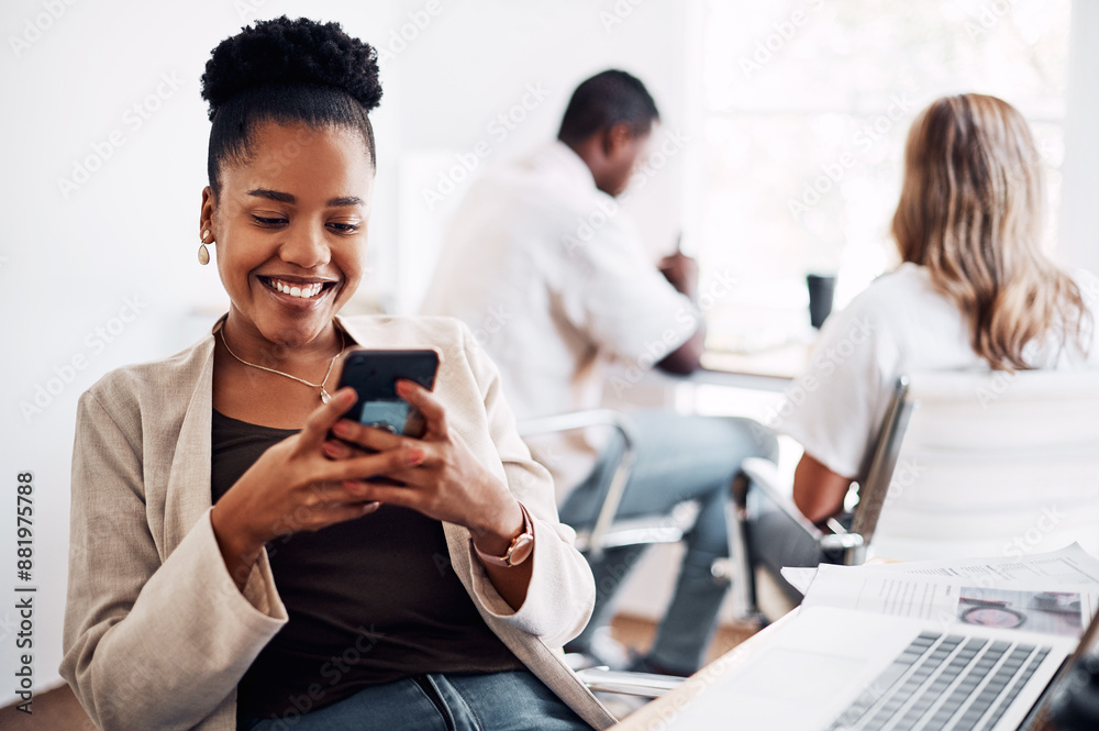 Poster black woman, happy and smartphone at desk for networking, communication and mobile app. social media