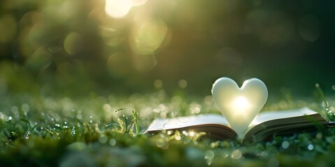 Heartshaped book lights illuminate magical woods on Book Lovers Day August 9th. Concept Book Lovers Day, Heart-shaped Book Lights, Magical Woods, August 9th