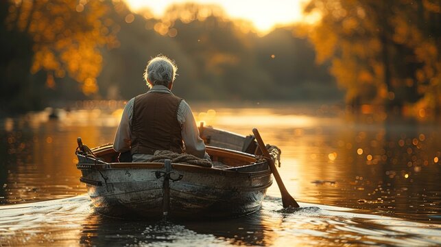 A man in a boat is paddling through the water