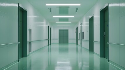 Obraz premium Empty white room seen through green doorway in modern hospital. 