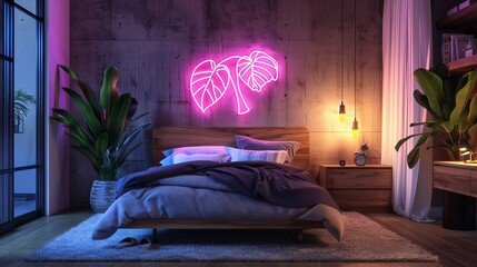 Neon Monstera light decorates a bedroom with a stylish look. Custom-made neon lights add a unique touch to your home decor.
