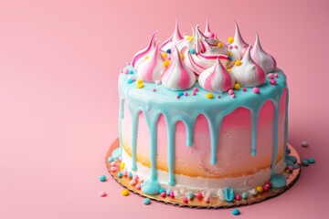 Vibrant blue and pink drip cake with whipped cream and sprinkles