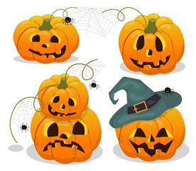Funny pumpkins for Halloween. Pumpkins isolated. The main symbol of the Halloween holiday. Collection of orange pumpkins for holiday decoration, posters, cards. Vector illustration