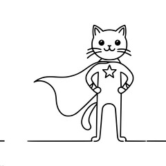 Stylized drawing of a standing superhero cat wearing a mask and a fluttering cape with a star on his chest, single line vector drawing with one black line on a white background